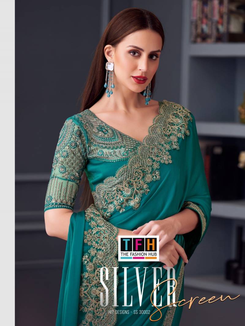 Tfh Silver Screen Hit 30002 Silk Chiffon Work Border Designer Saree Collection