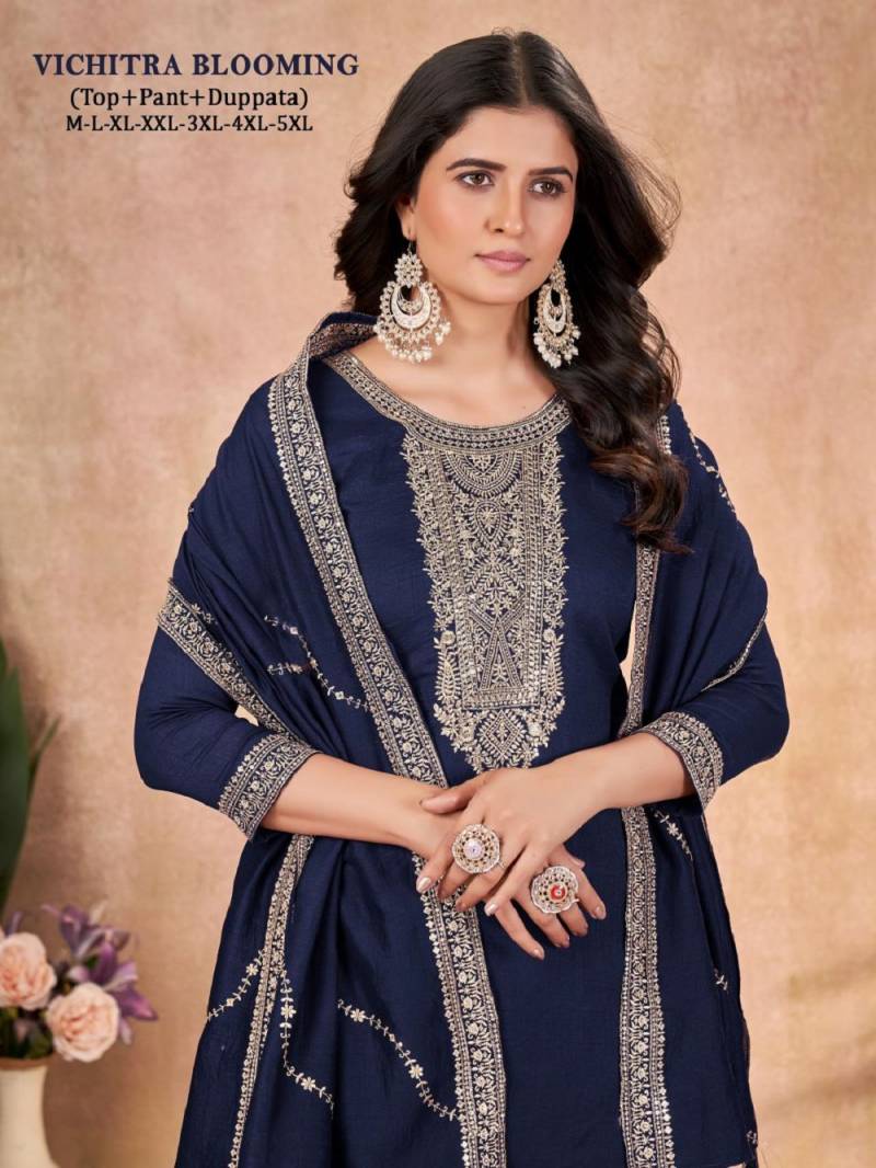 Sangeet Vichitra Blooming Silk 3 Embroidered Neck Work Readymade Dress Collection