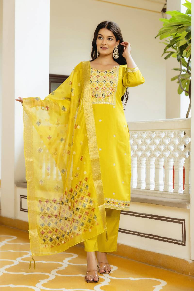 Hr 35 Embroidery Worked Yellow Kurti Bottom With Dupatta Collection