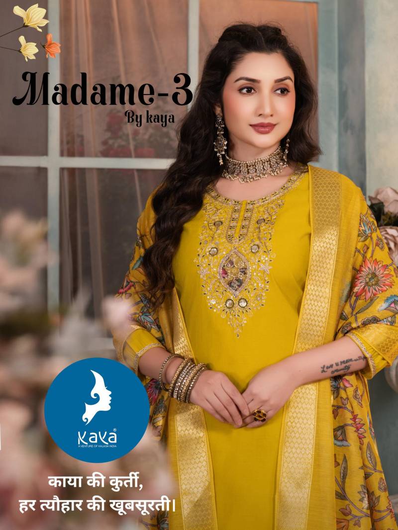 Kaya Madame Vol 3 Roman Silk Designer Kurti Pant And Dupatta Set