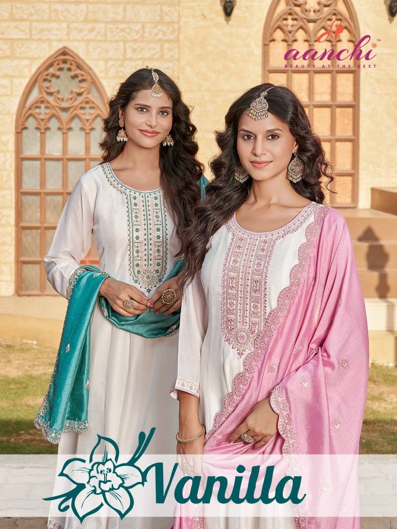 Aanchi Vanilla Vichitra Silk Anarkali Kurti Bottom And Dupatta Collection