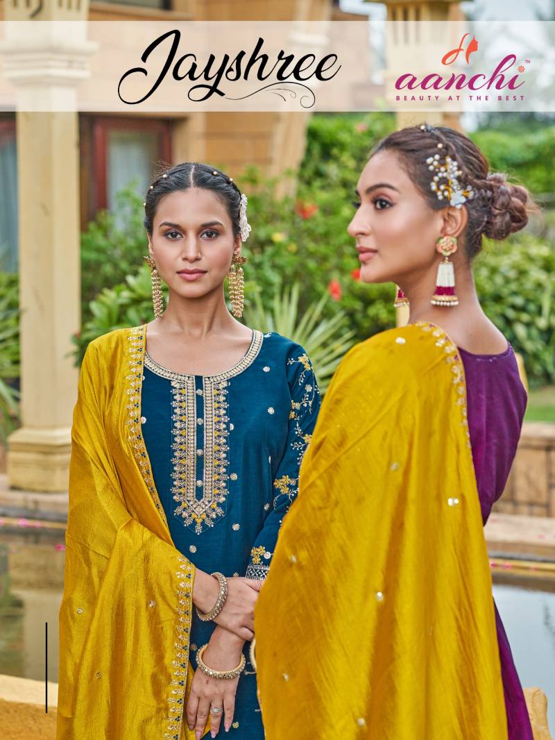 Aanchi Jayshree Vichitra Silk Embroidery Kurti Pant And Dupatta Collection