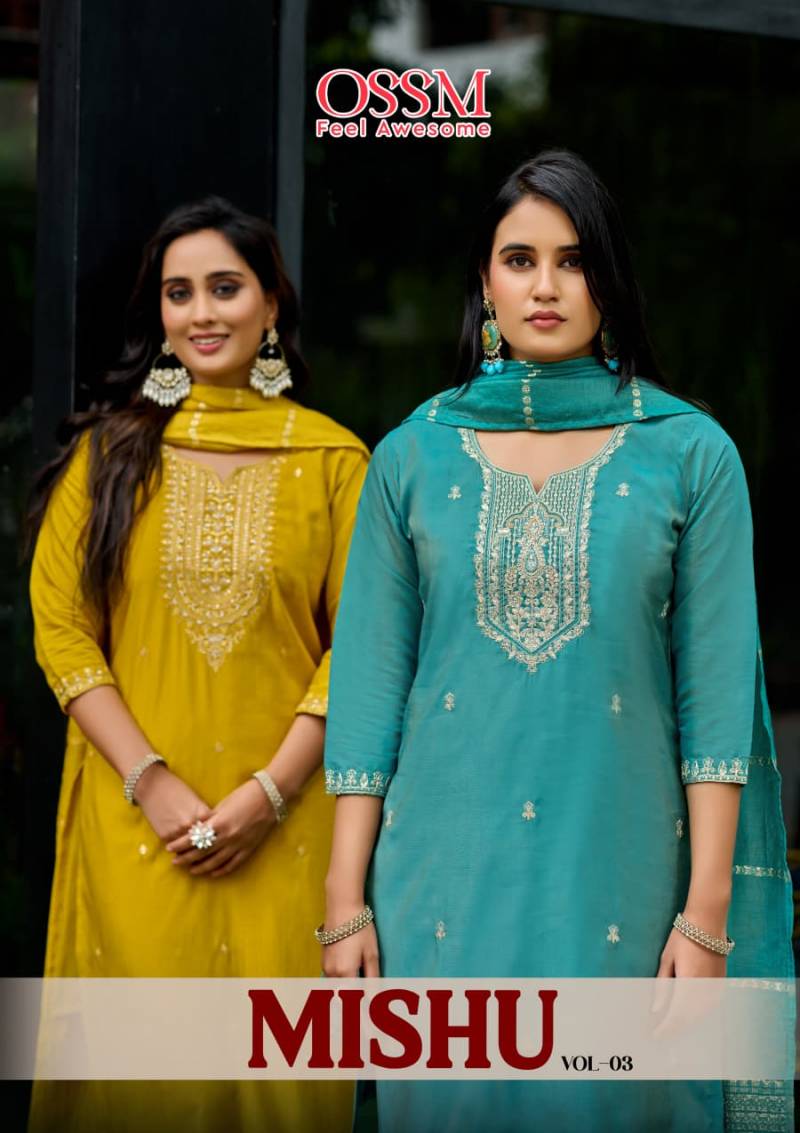 Ossm Mishu Vol 3 Embroidery Kurti Pant And Dupatta Collection