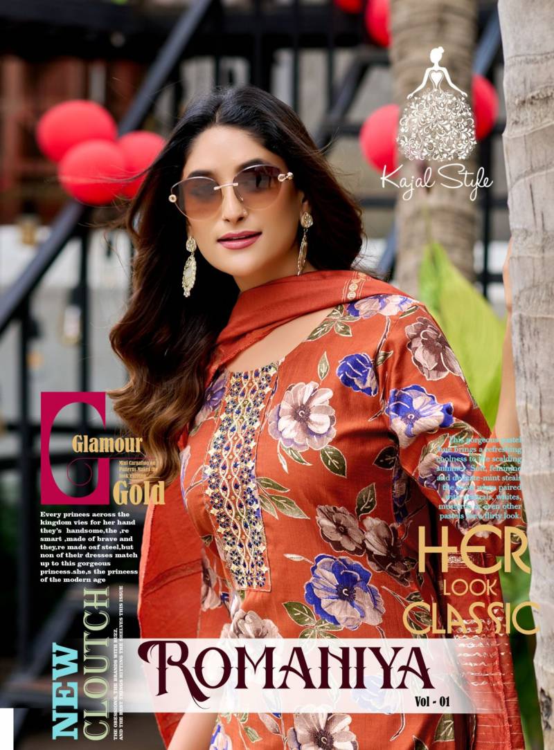 Kajal Style Romaniya Vol 1 Printed Fancy Neck Kurti Pant And Dupatta