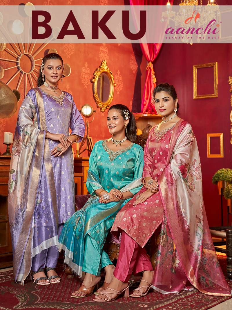 Aanchi Baku Tussar Butti Festive Wear Kurti Pant And Dupatta Collection