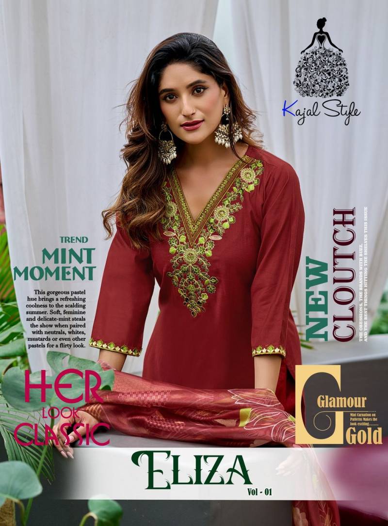 Eliza Vol 1 By Kajal Style Embroidery Neck Work Kurti Pant And Dupatta
