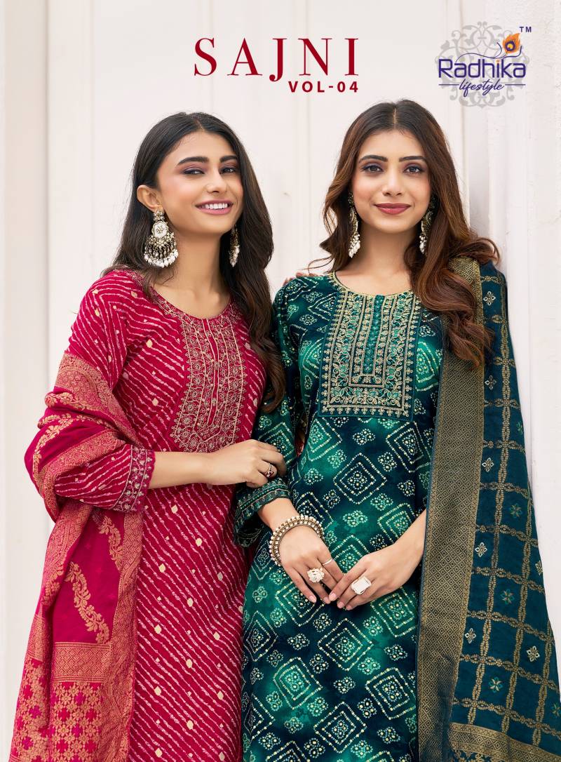 Radhika Sajni Vol 4 Printed With Embroidery Neck Work Kurti Bottom With Dupatta