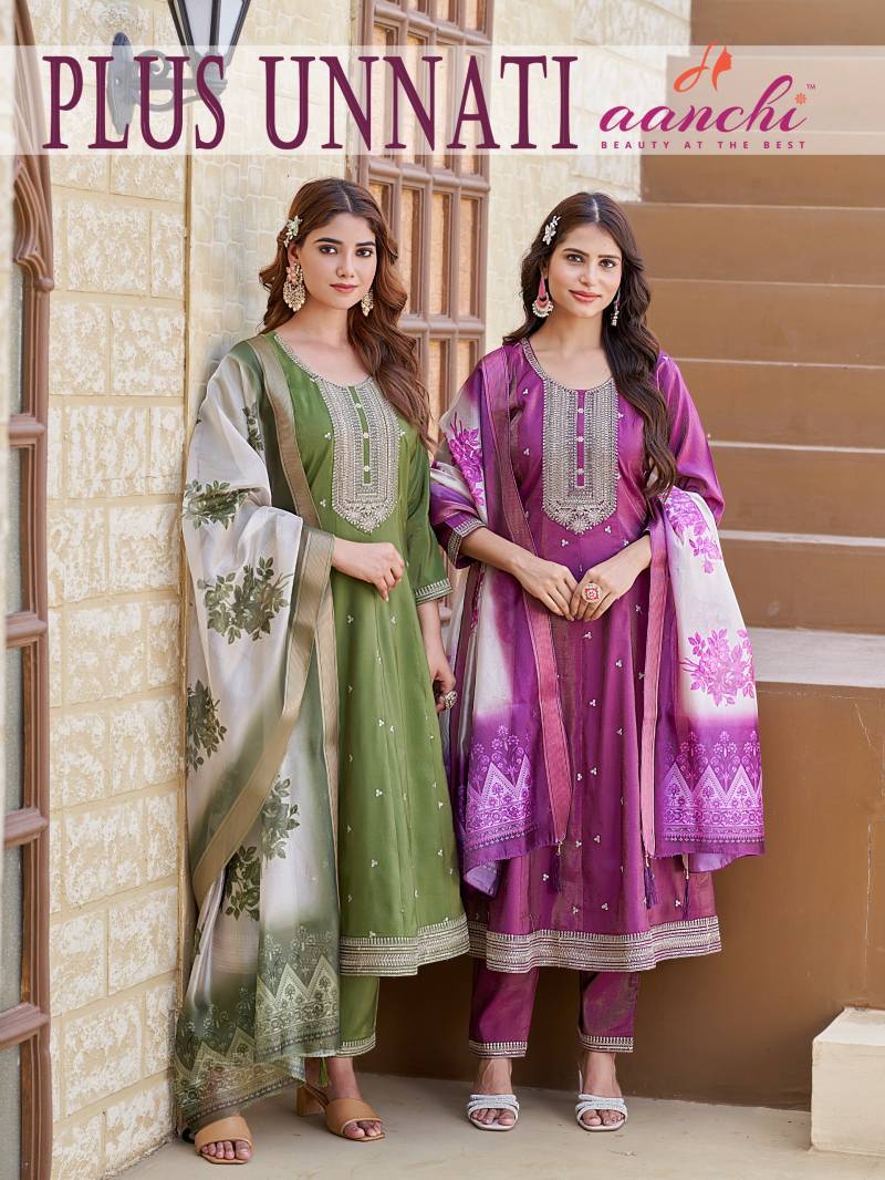Aanchi Plus Unnati Roman Shimmer Anarkali Kurti Pant And Dupatta Collection