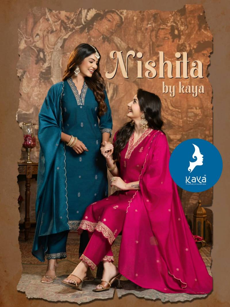 Kaya Nishita Vertican V-Neck Designer Kurti Pant And Dupatta Collection