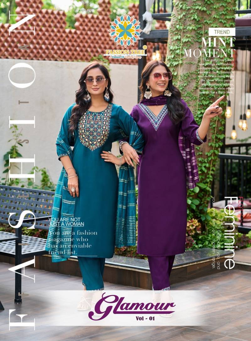 Glamour Vol 1 Passion Tree Roman Silk Embroidery Kurti Pant And Dupatta Collection