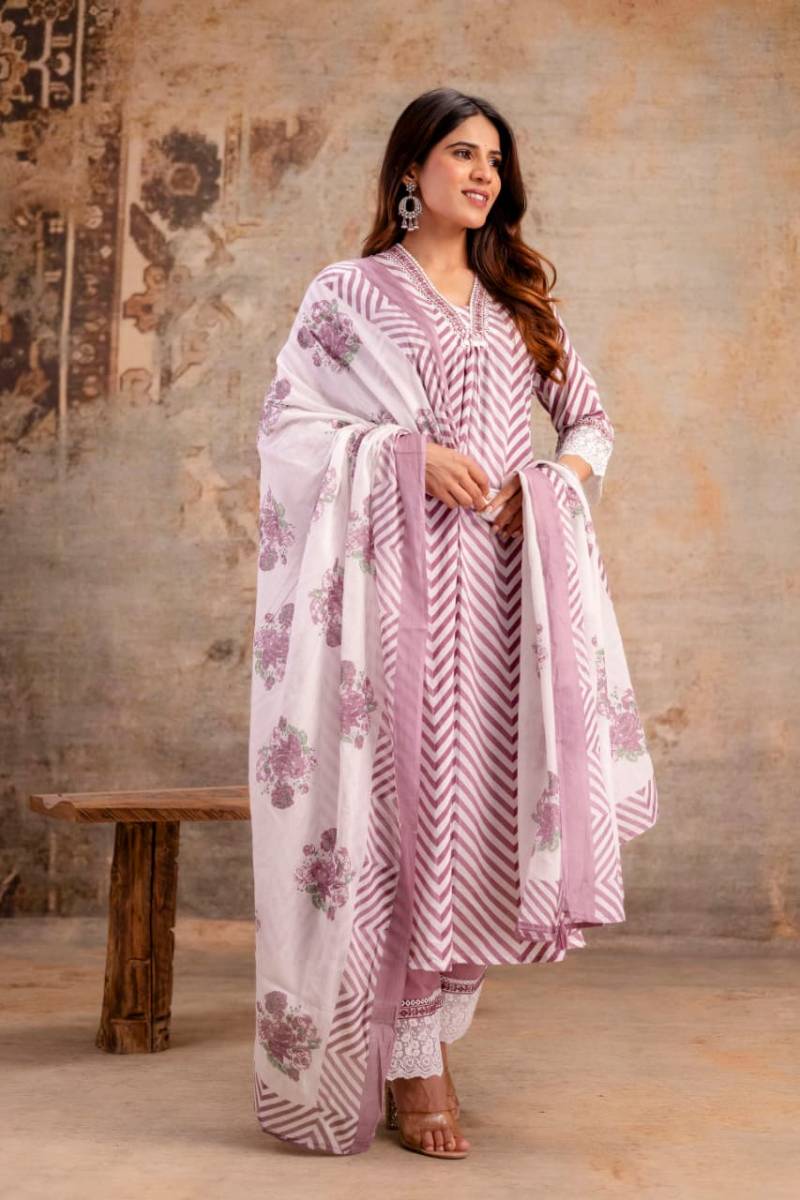 Naisha K 343 A Soft Cotton Line Kurti Pant and Dupatta Collection