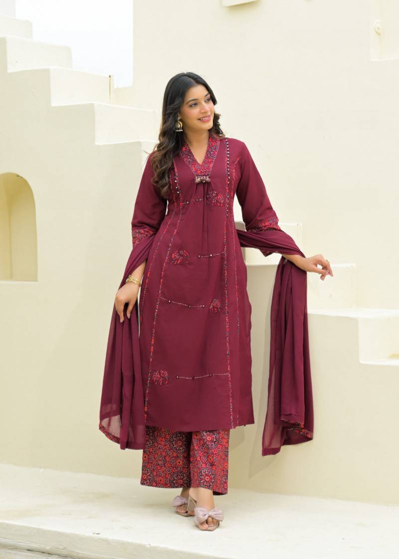 Naisha K 355 V Neck Cotton Kurti Pant And Dupatta Collection