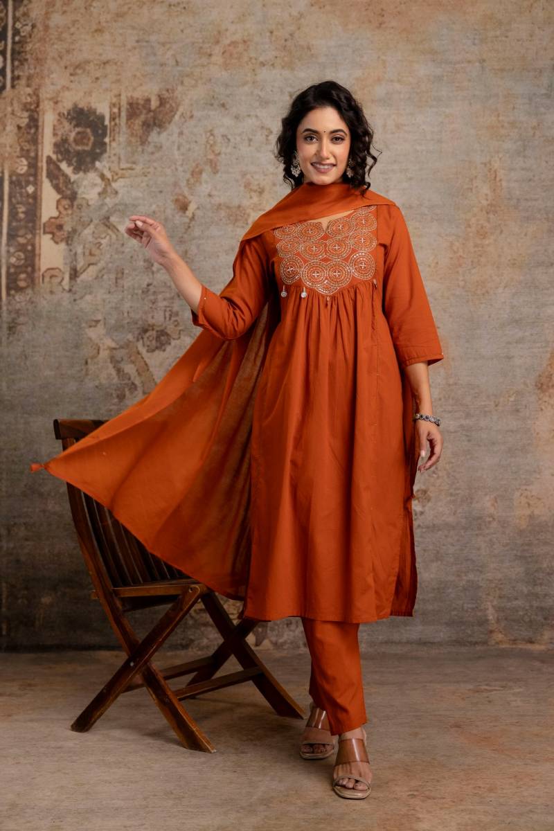 Naisha K 357 A Line Embroidery Rajwadi Work Kurti Pant And Dupatta Collection