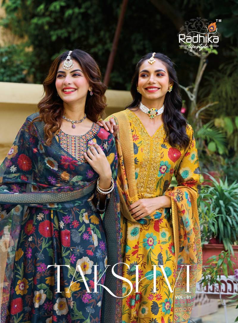 Radhika Takshvi Vol 1 Vertican Anarkali Kurti Pant And Dupatta Collection