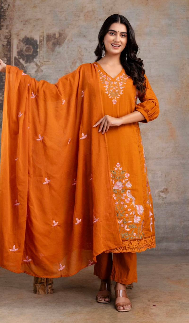 Naisha K 372 Mul Mul Cotton Kurti Pant And Dupatta Collection