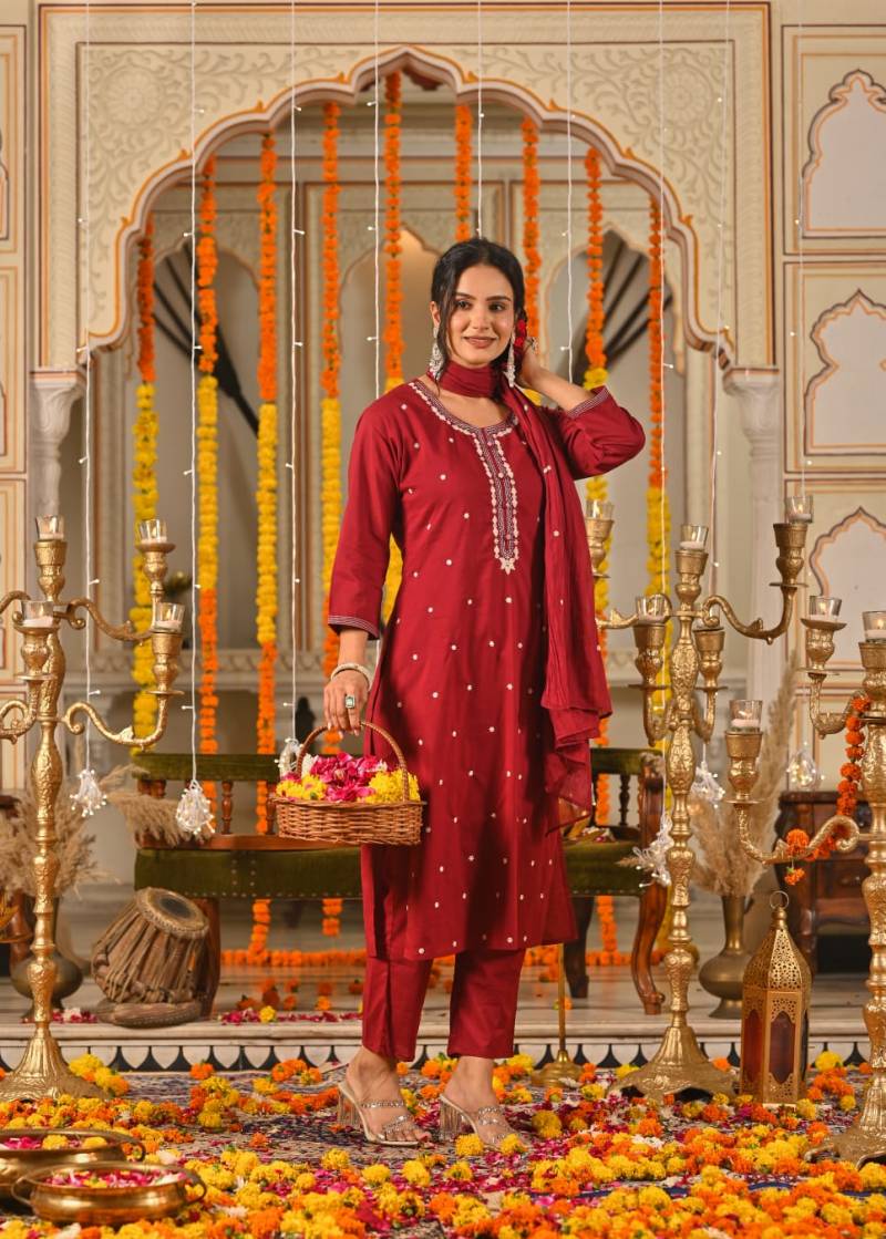 Naisha K 381 Embroidery Work Kurti Pant And Dupatta Collection