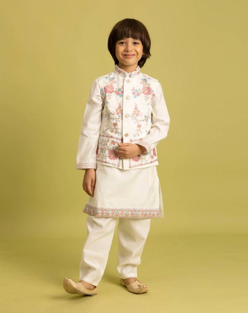 Clleora Nazrana Viscose Silk Kids Boys Kurta Pant And Koti