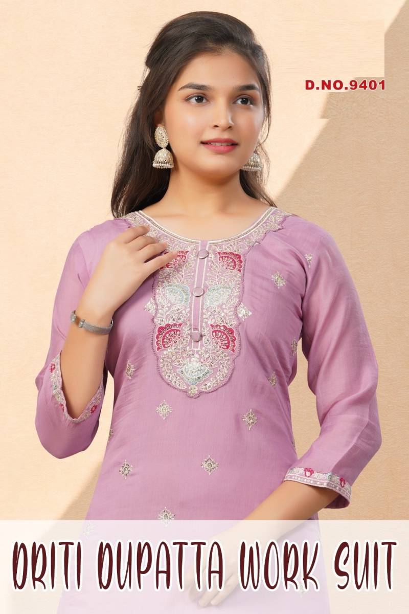 Driti Dupatta Work Suit 9401 Embroidery Chanderi Girls Kurti Set Collection