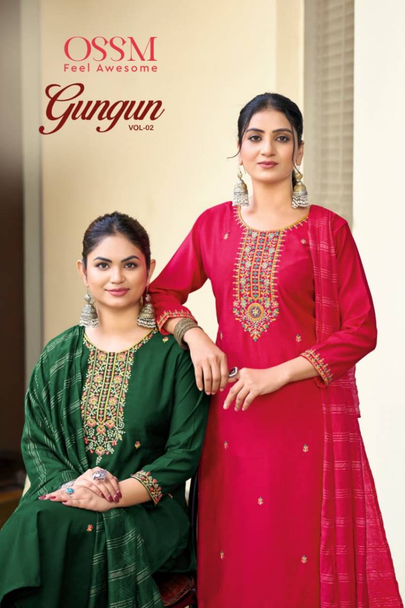 Ossm Gungun Vol 2 Embroidery Neck Work Kurti Pant And Dupatta Collection