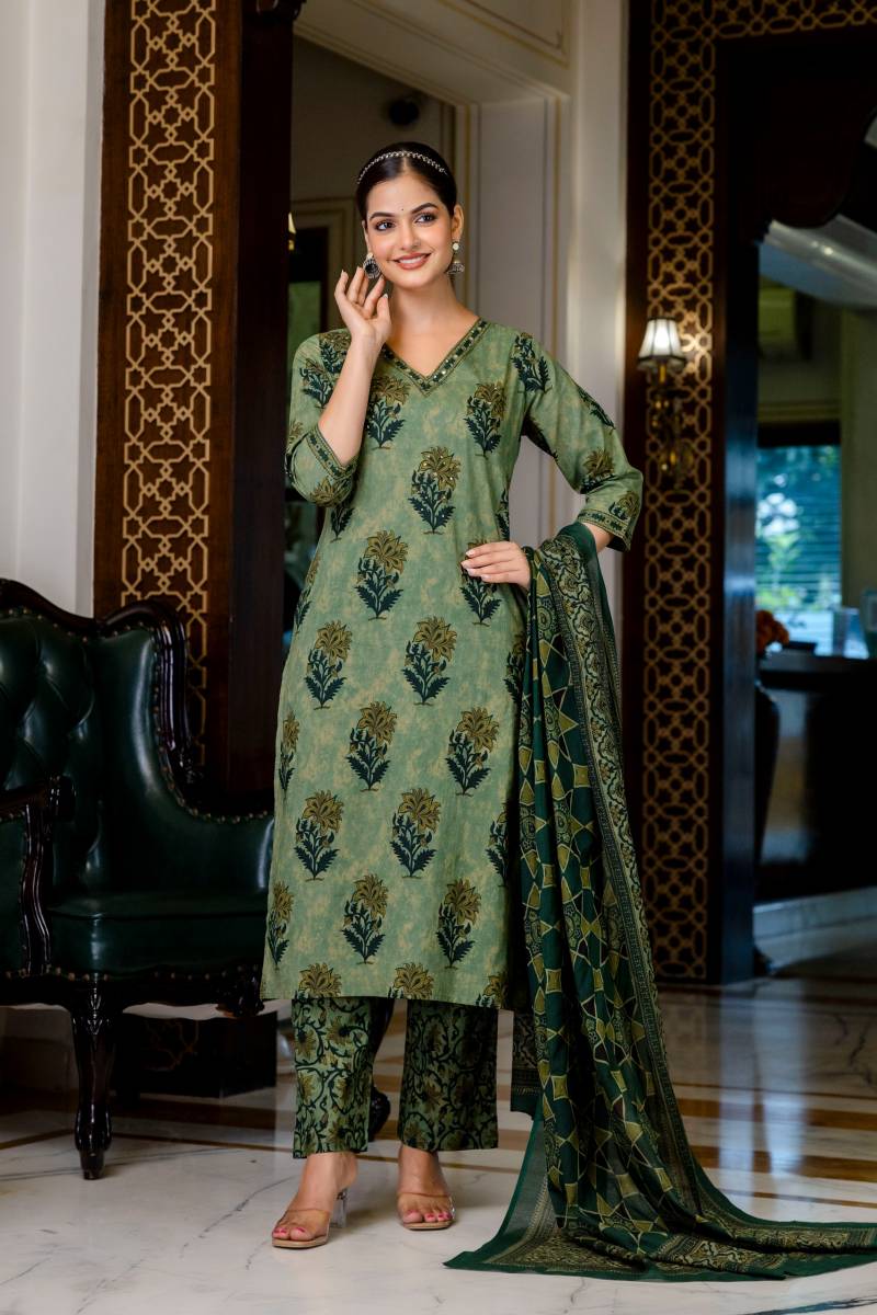 Naisha k 403 Cotton Embroidery Kurti Pant And Dupatta Collection