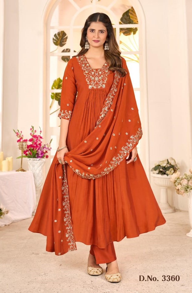 Ladies Flavour 3258 To 3360 Mull Chanderi Anarkali Kurti Pant And Dupatta