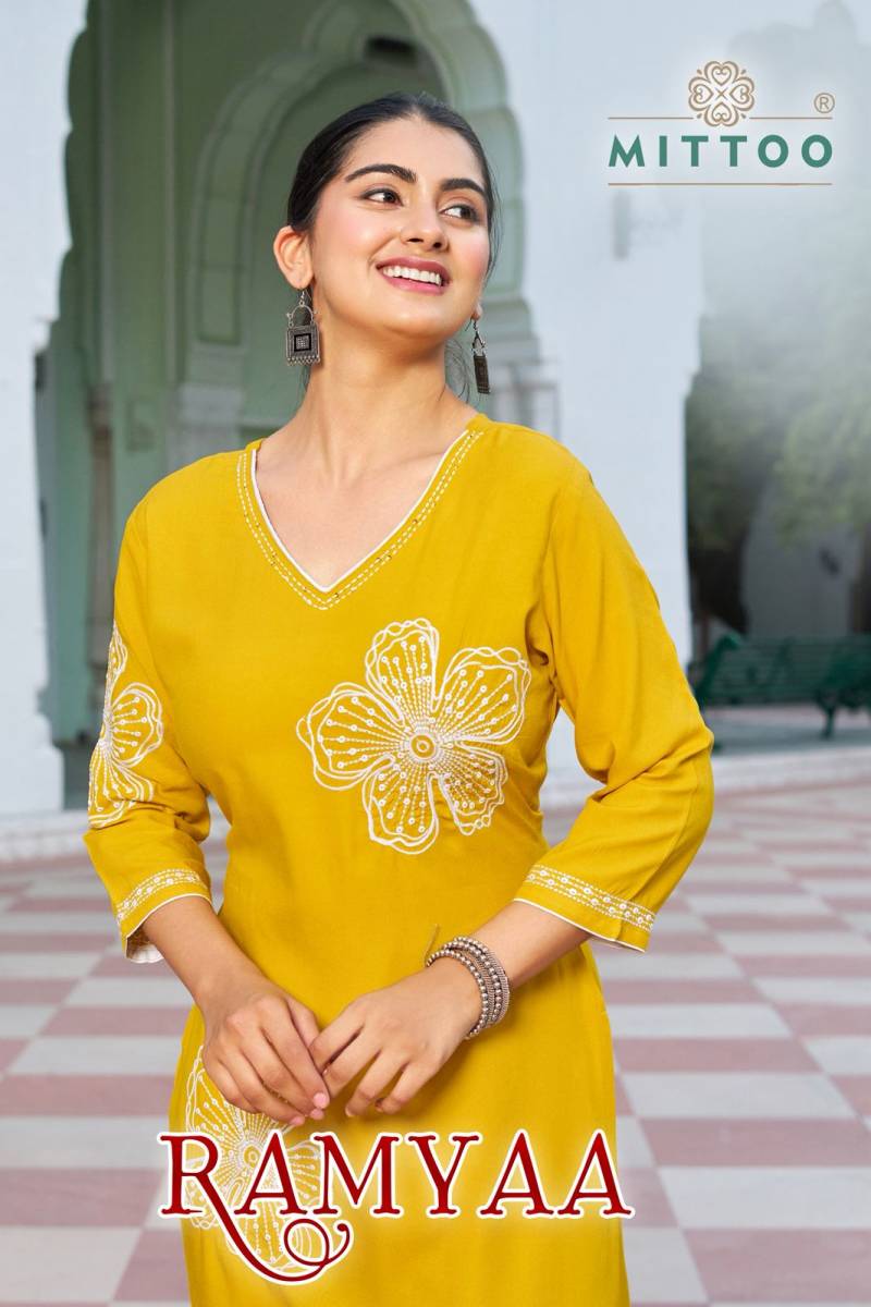 Mittoo Ramyaa Rayon Thread Work Kurti And Bottom Collection