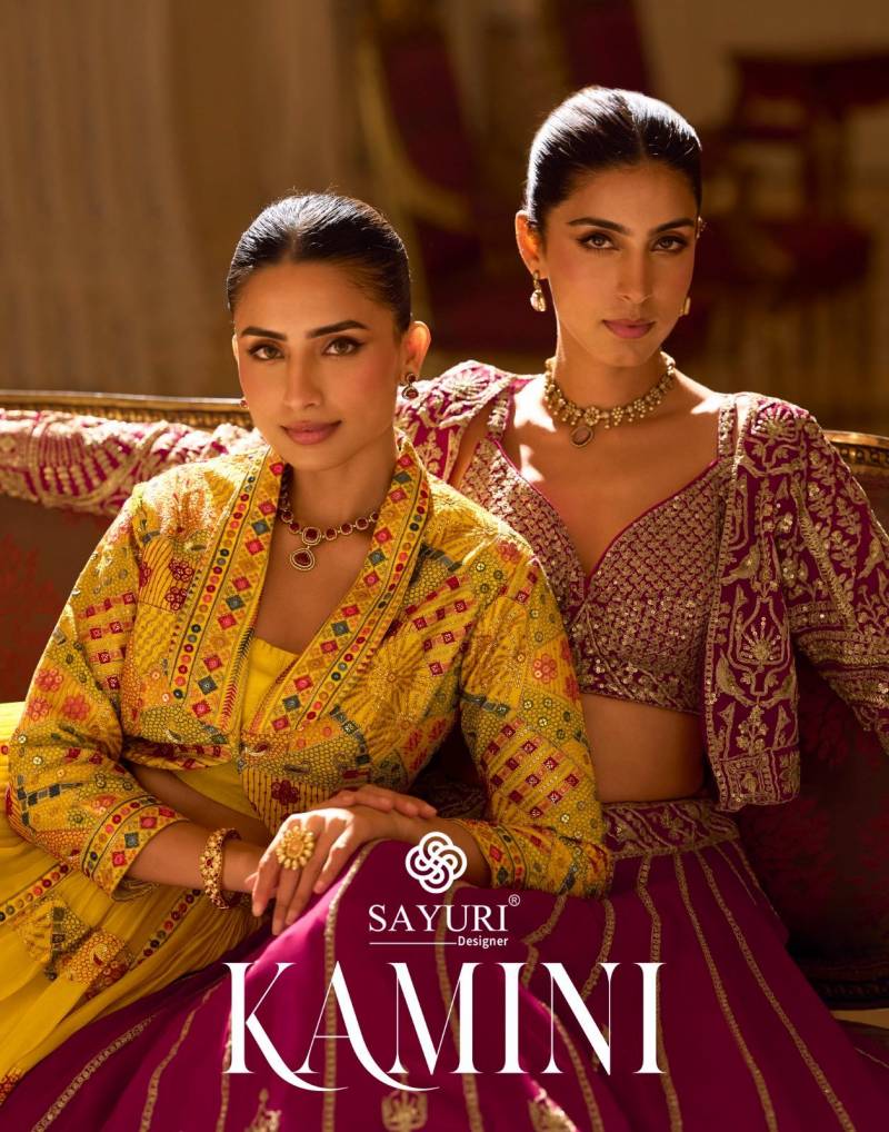 Sayuri Kamini Heavy Embroidered Short Shrug With Blouse And Lehenga Collection