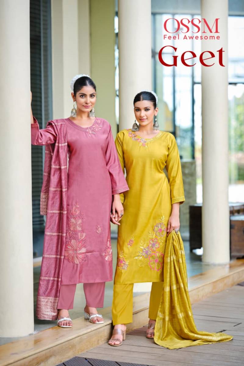 Ossm Geet Roman Silk Designer Kurti Pant And Dupatta Collection