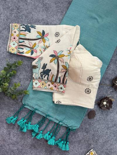 Sccf Ready I Embroidery Work Blouse With Khadi Cotton Saree Collection