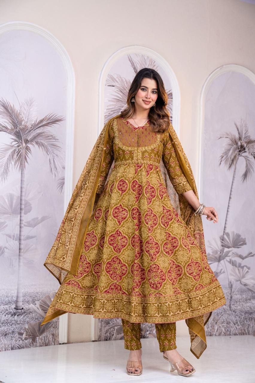 Naisha K 521 Ajrakh Printed Anarkali Pant And Dupatta Collection