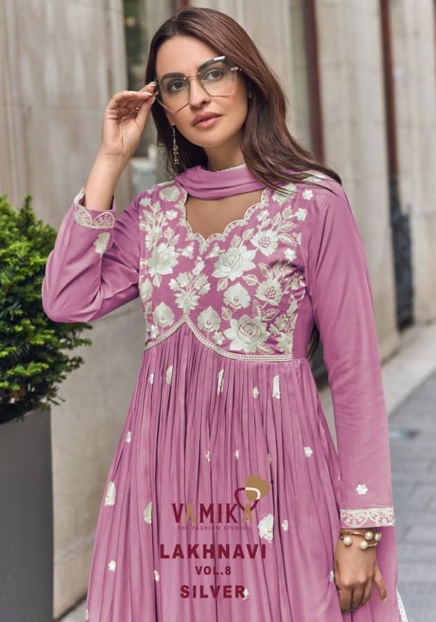 Vamika Lakhnavi Vol 8 Threadwork Long Kurti Palazzo With Dupatta Set