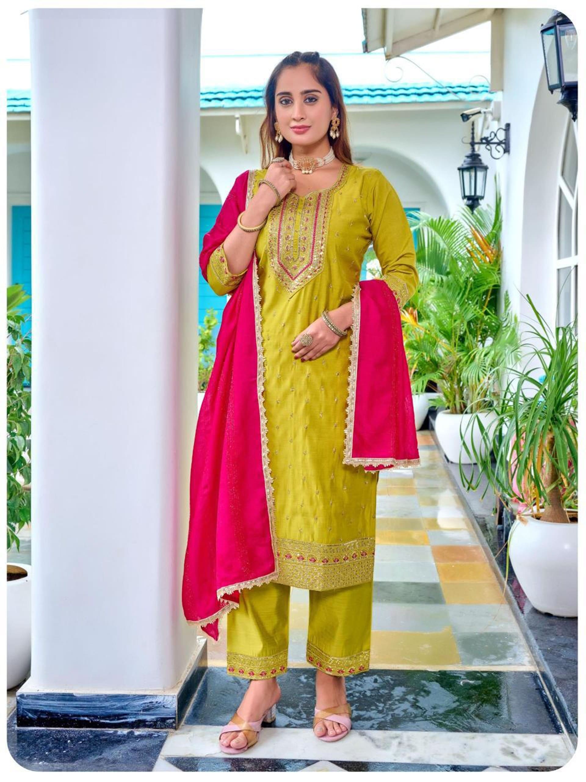 Naisha K 604 Roman Slub Neck Work Kurti Pant Set With Dupatta