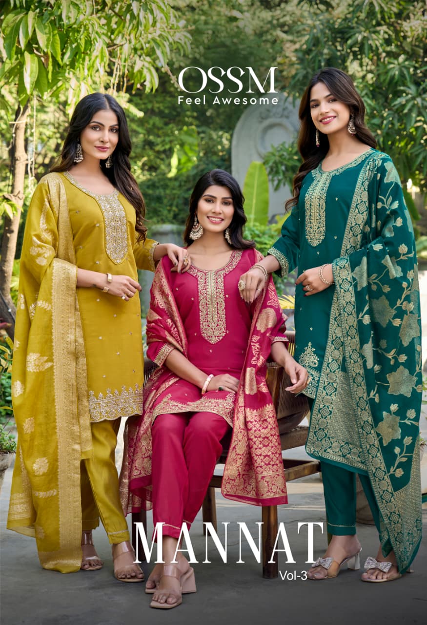 Ossm Mannat Vol 3 Viscose Embroidery Kurti Pant And Dupatta Collection