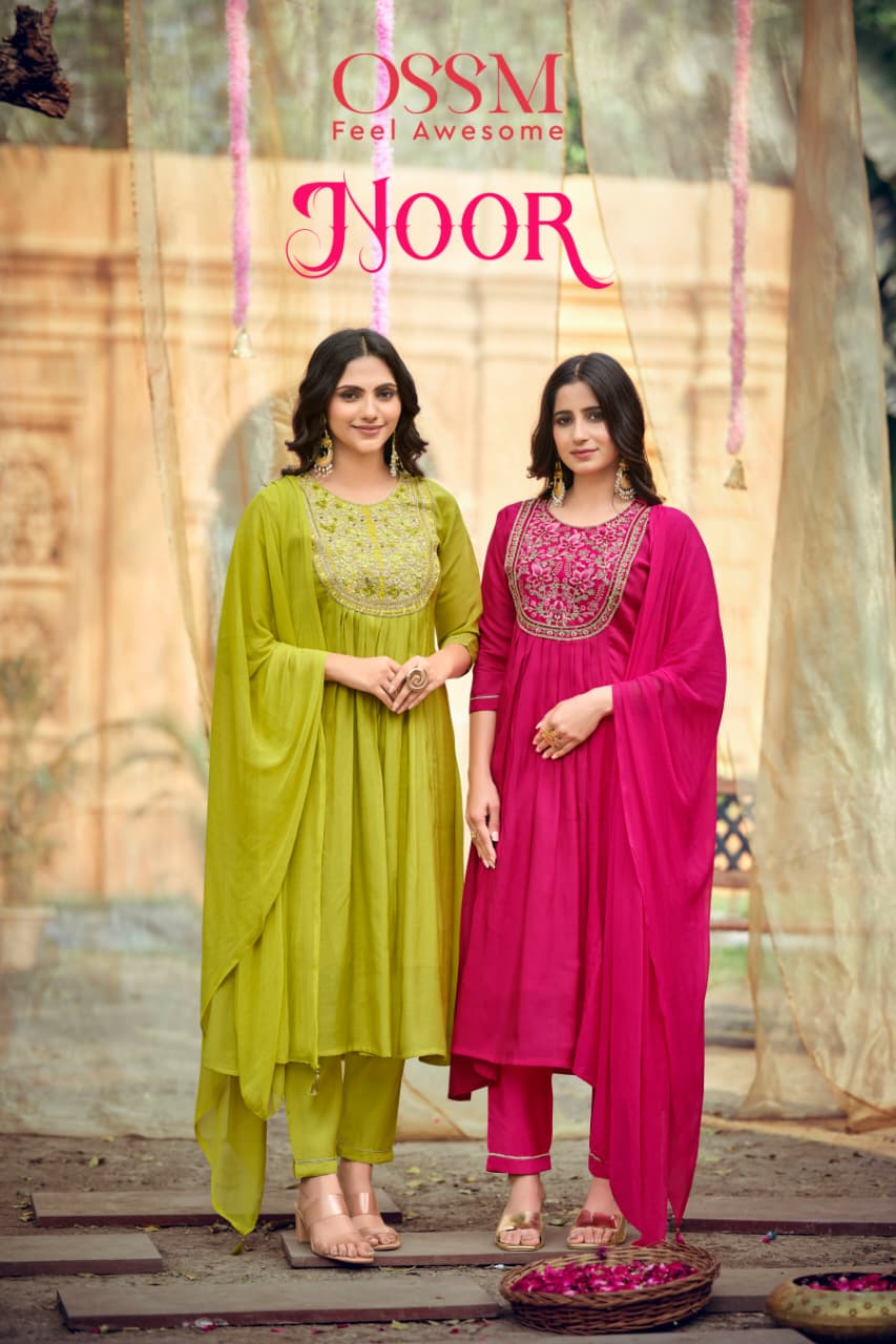 Ossm Noor Mul Chanderi Anarkali Style Kurti Bottom And Dupatta