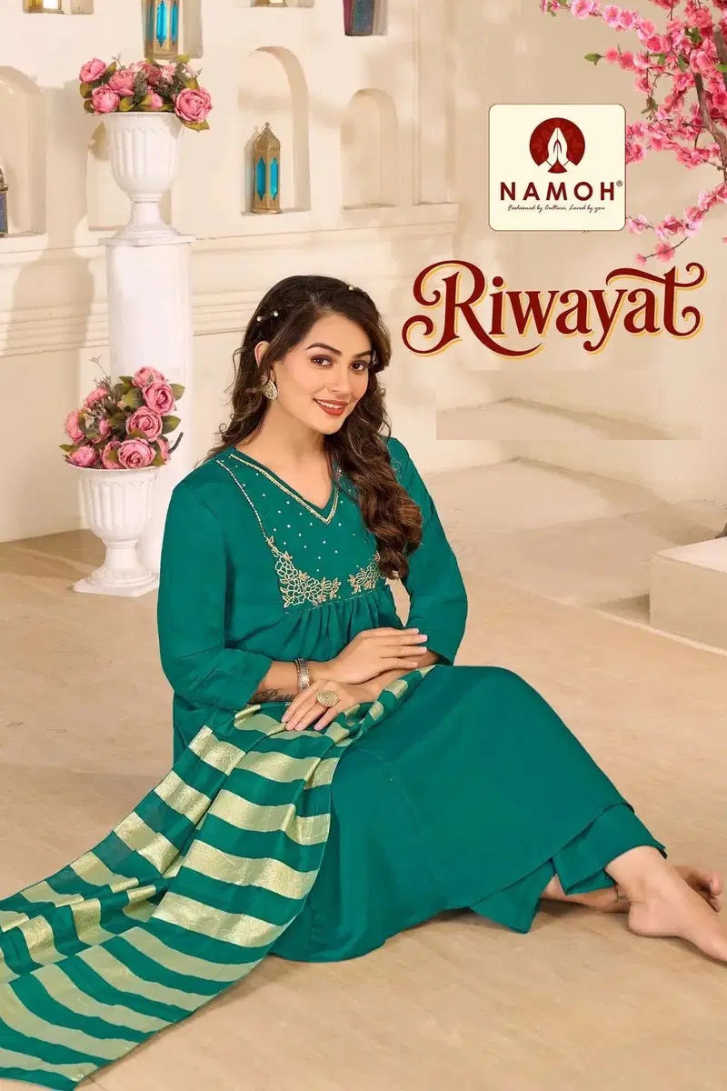 Namoh Riwayat Hand Work Anarkali Style Kurti Pant And Dupatta