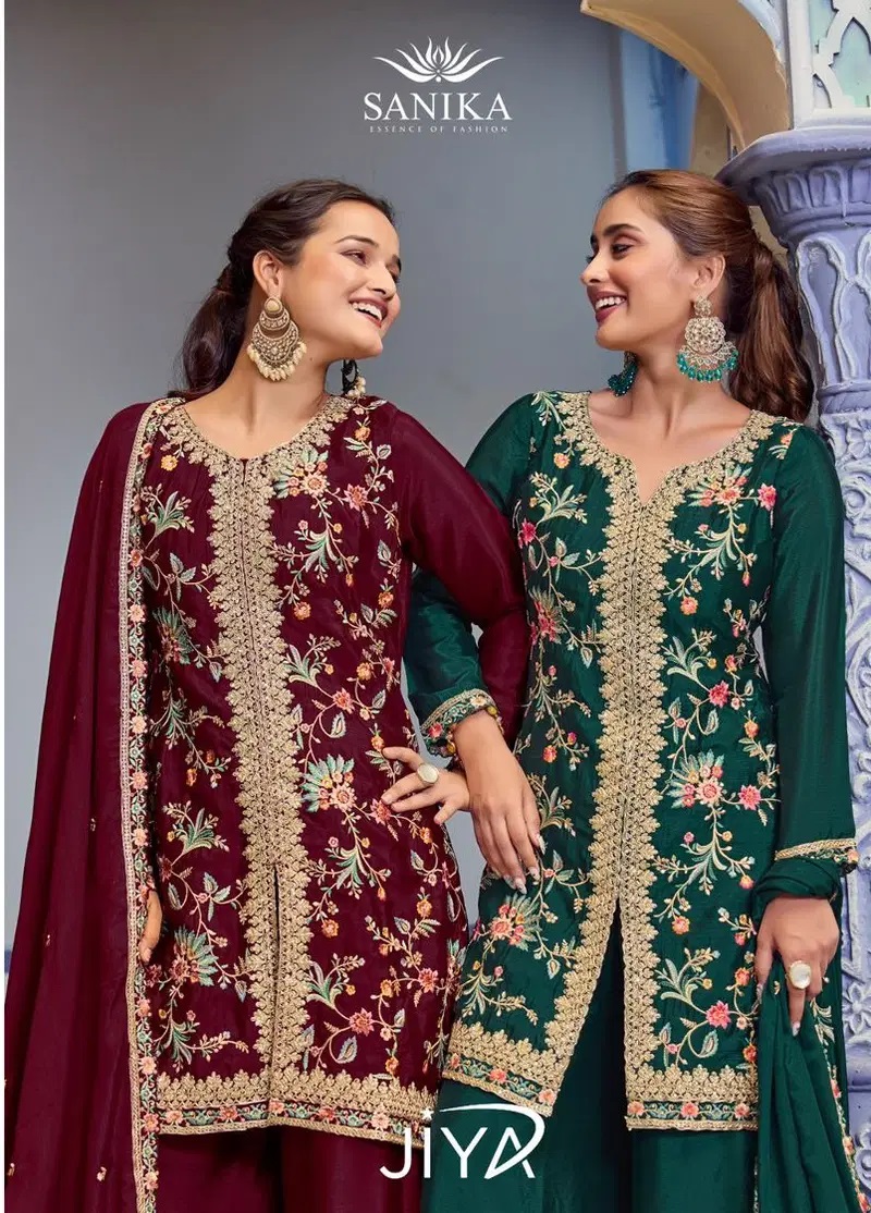 Sanika Jiya Chinon Silk Embroidery Work Kurta Palazzo With Dupatta