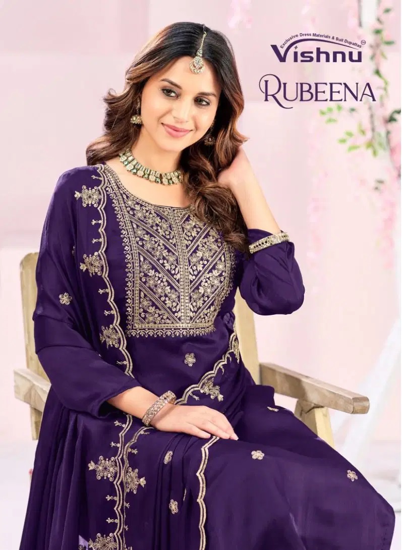 Vishnu Rubeena Satin Chiffon With Work Designer Dress Material
