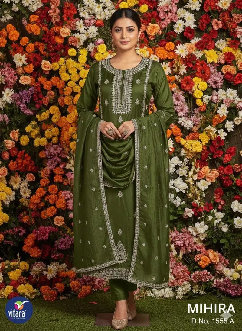 Vitara Mihira Pv Dobby Embroidery Work Kurti With Bottom Dupatta