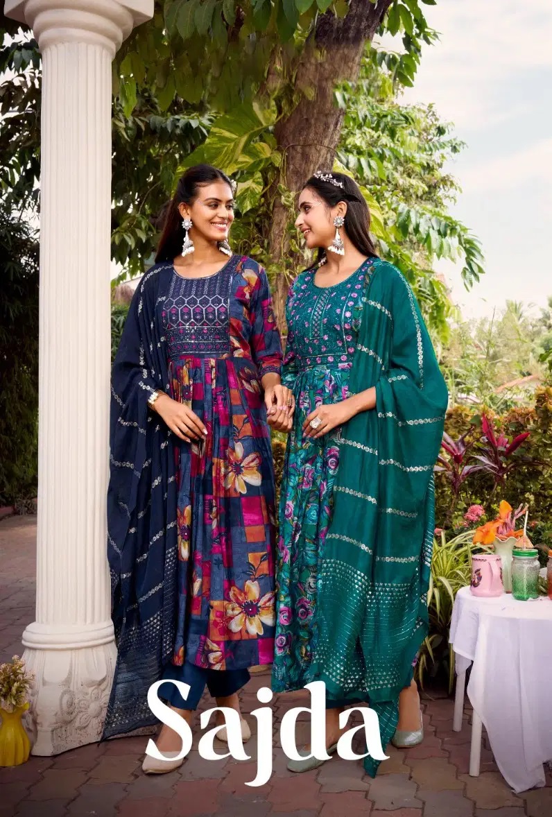 At Sajda Roman Silk Embroidery Kurti Bottom And Dupatta Collection