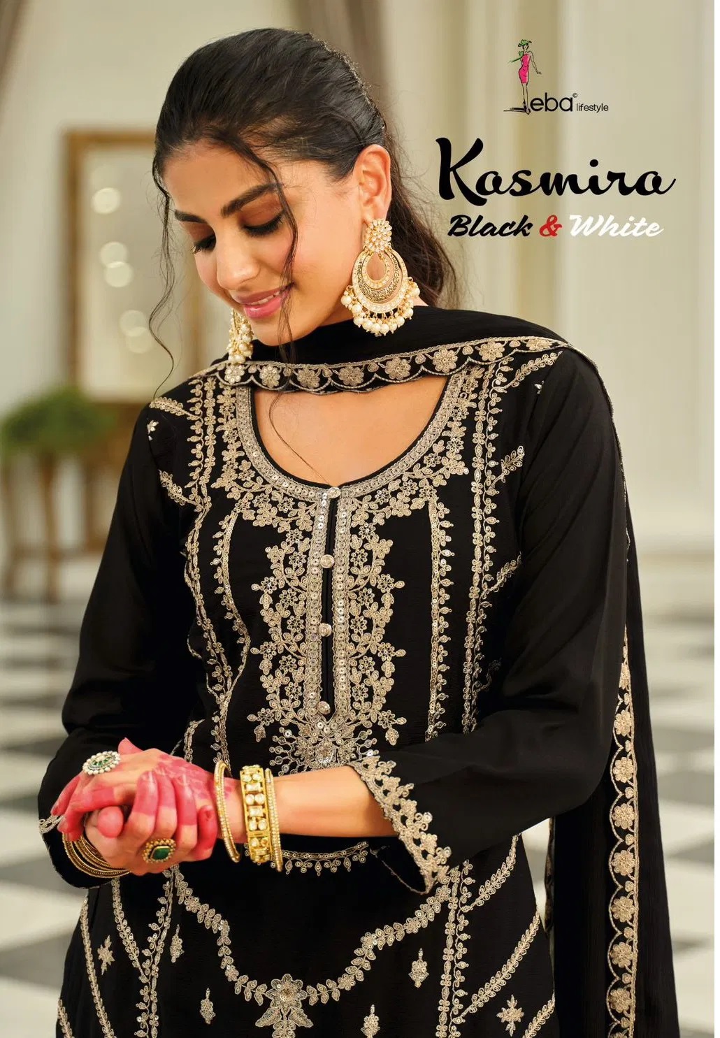 Eba Kasmira Black And White Chinon Designer Salwar Kameez