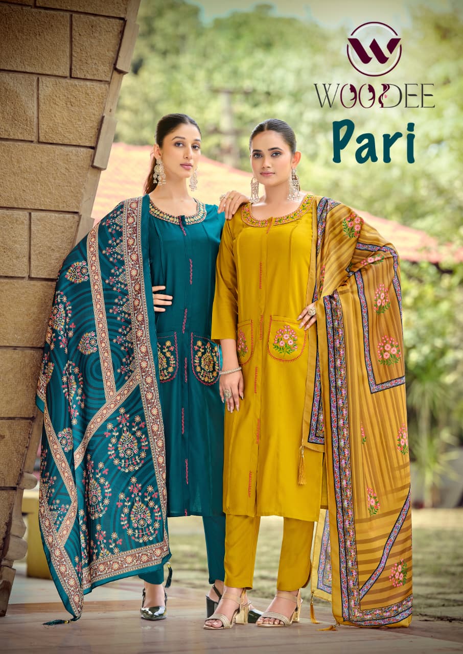 Woodee Pari Rayon Designer Kurti Pant And Dupatta Collection