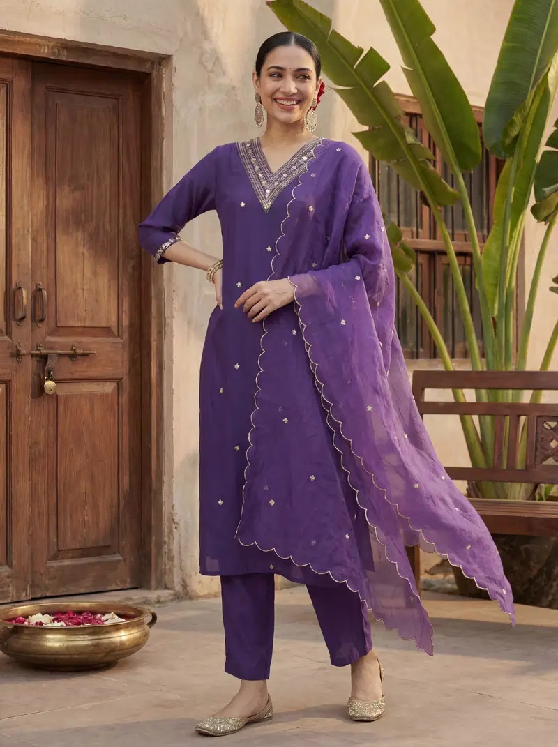 Indo Era 2617 Silk Blend Thread Worked Kurti Pant With Dupatta