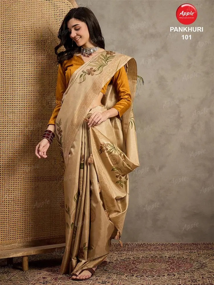 Apple Pankhuri Blend Beige Silk Printed Saree Collection
