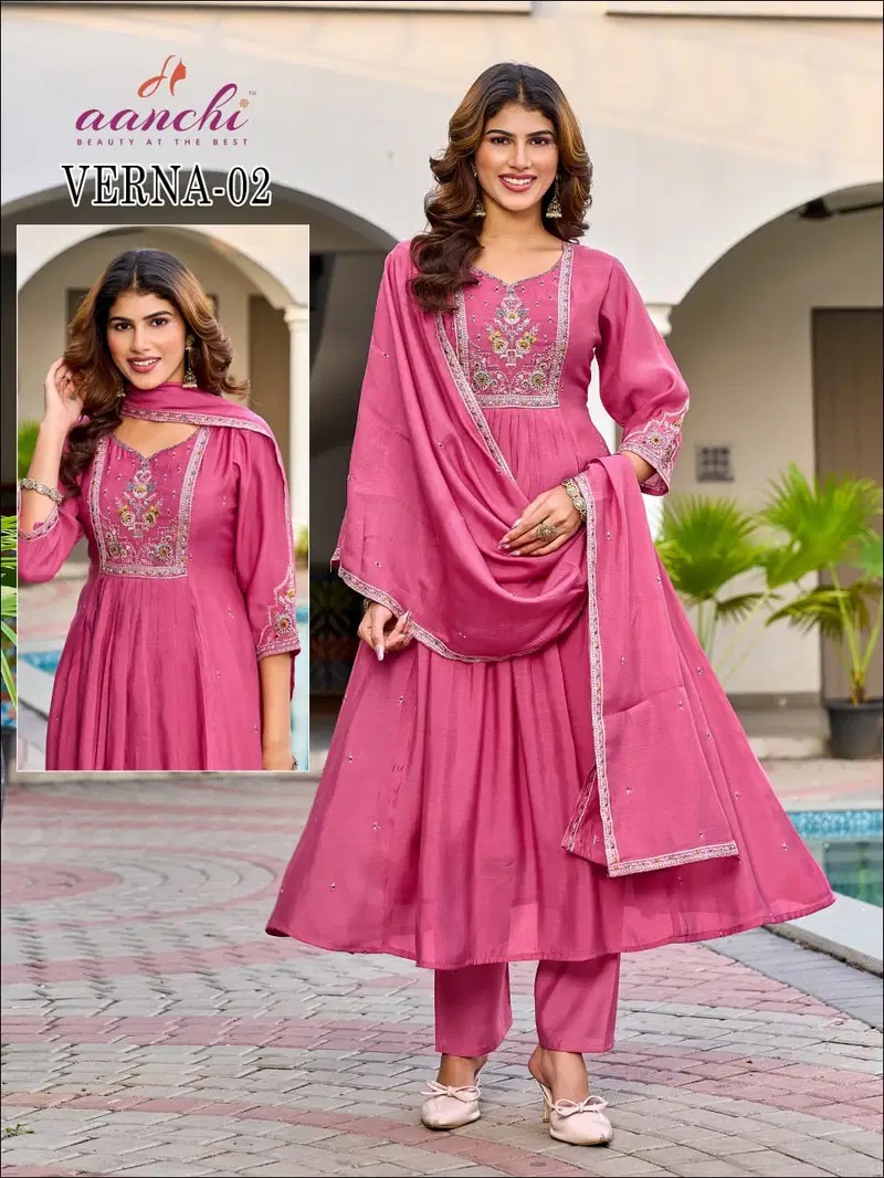 Aanchi Verna Mul Chanderi Anarkali Kurti With Bottom Dupatta