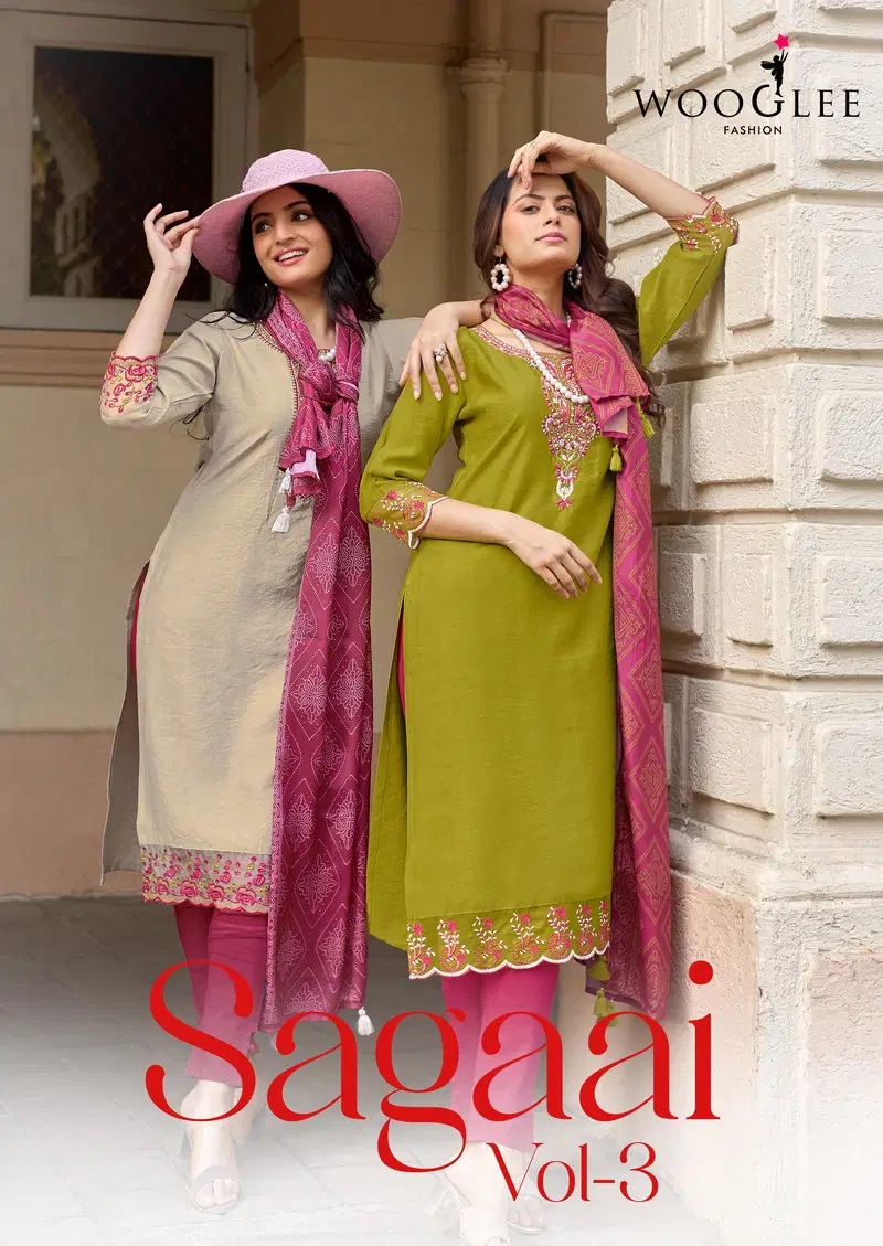 Wooglee Sagaai Vol 3 Viscose Hand Work Kurti 3 Pcs Set