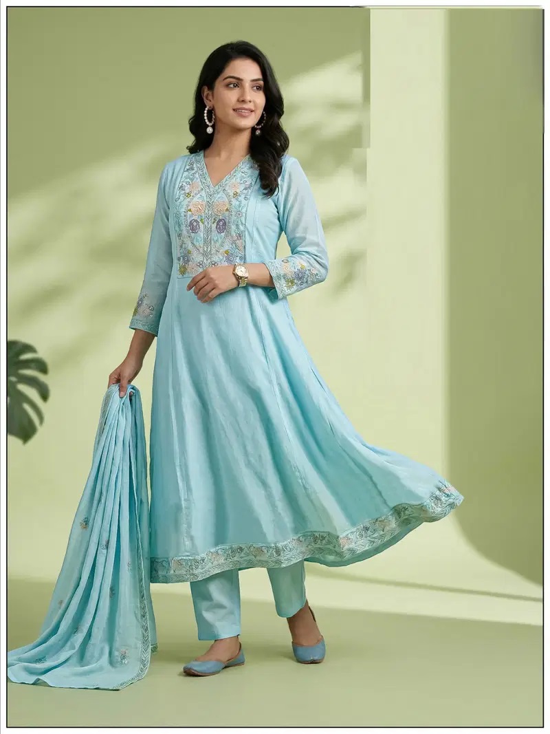 Naisha K 819 Mul Chanderi Anarkali Kurti With Bottom Dupatta