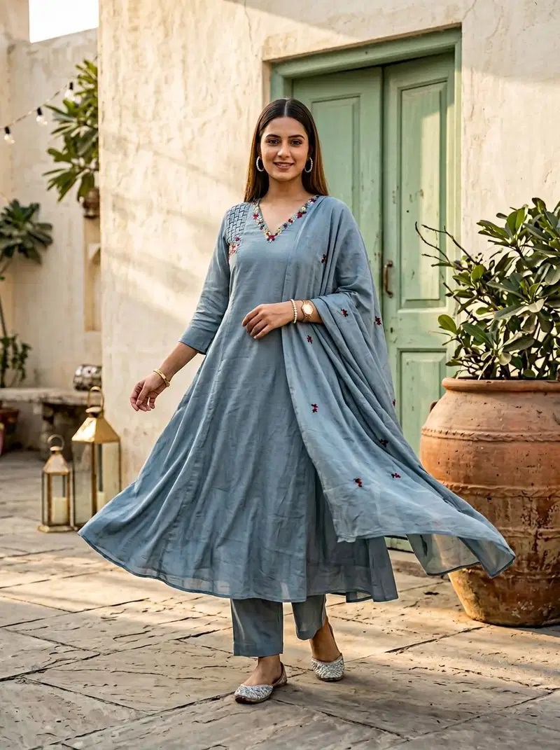 Naisha K 836 Mul Mul Hand Work Kurti With Bottom Dupatta