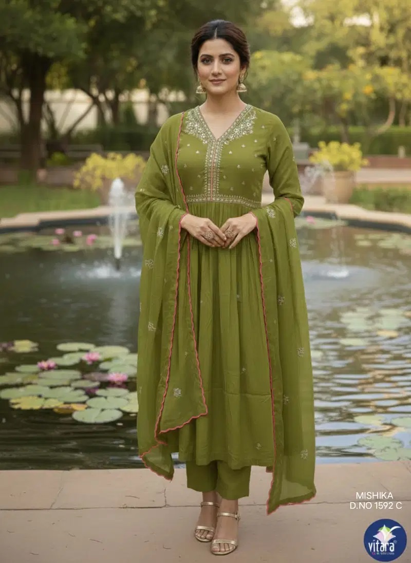 Vitara Mishika Mal Chanderi Anarkali Style Kurti Set With Dupatta