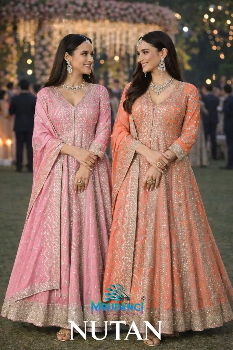 Mrudangi Nutan Chinon Designer Gown With Dupatta