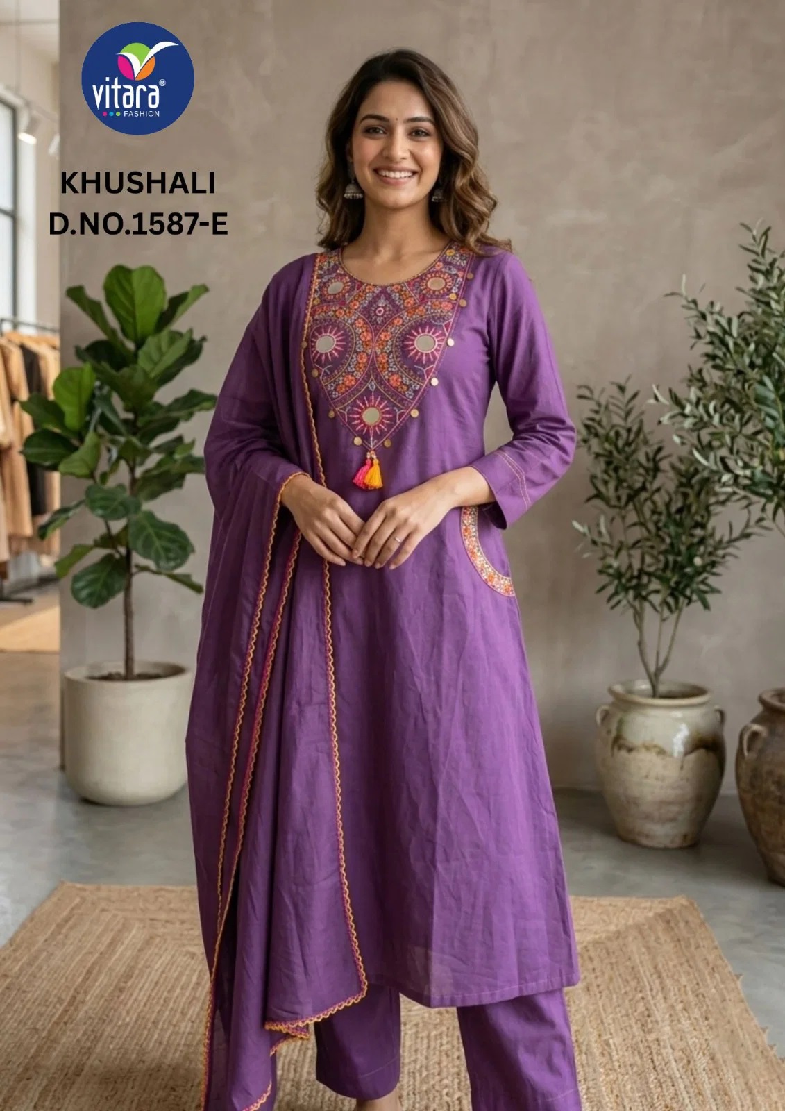 Vitara Khushali Cotton Embroidery Neck Work Kurti With Bottom Dupatta